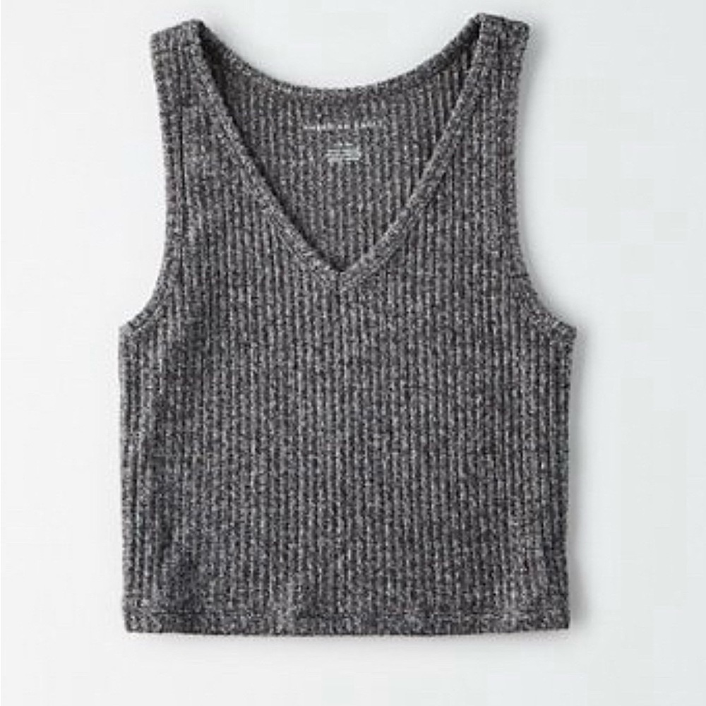 American Eagle Soft Gray Ribbed Plush V-Neck Cropped Tank Top - Picture 4 of 7